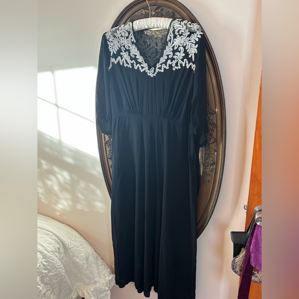 1930s Vintage Black Pleated Ribbon Work Lace Mesh Gown